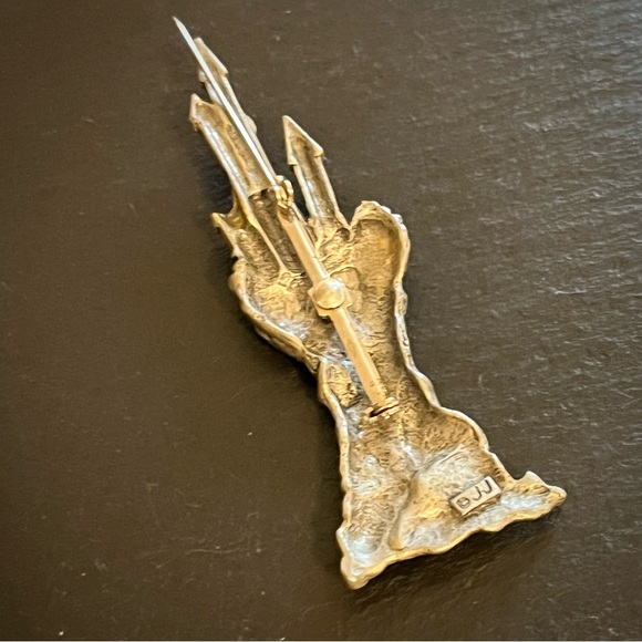 Vintage JJ Jonette Marked Jewelry Pewter Castle Glitter Accent Brooch - Picture 7 of 10